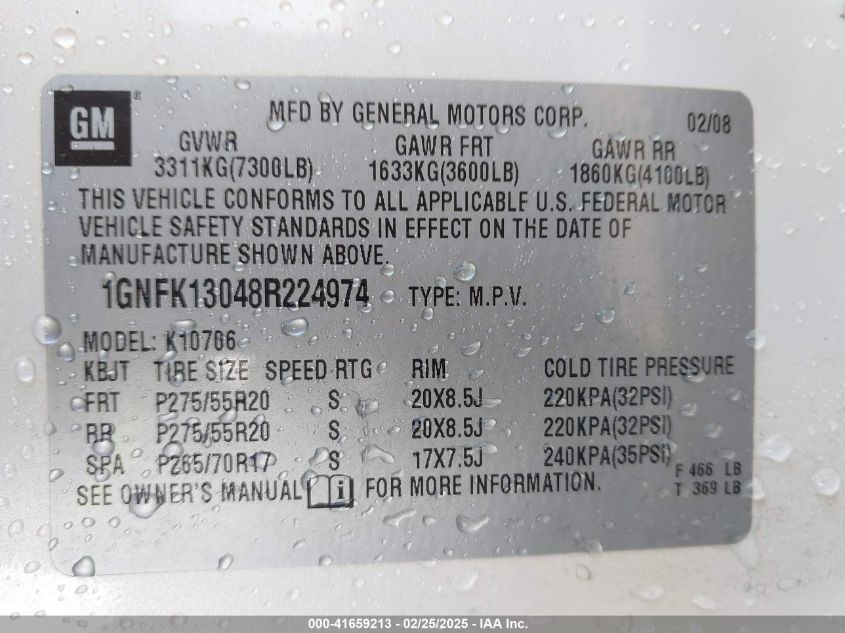 2008 Chevrolet Tahoe Ltz VIN: 1GNFK13048R224974 Lot: 41659213