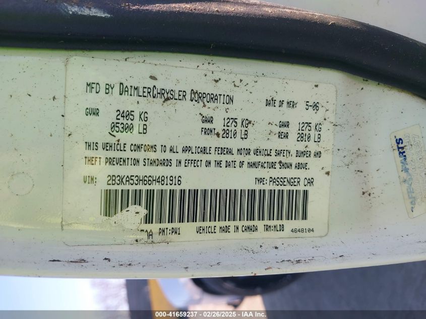 2006 Dodge Charger Rt VIN: 2B3KA53H66H481916 Lot: 41659237