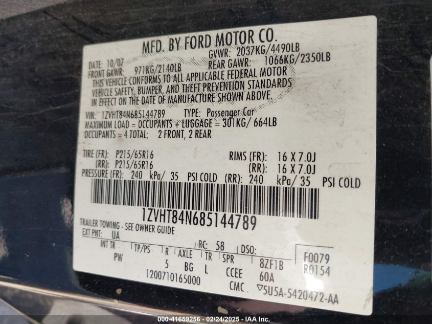 2008 Ford Mustang V6 Deluxe/V6 Premium VIN: 1ZVHT84N685144789 Lot: 41659256