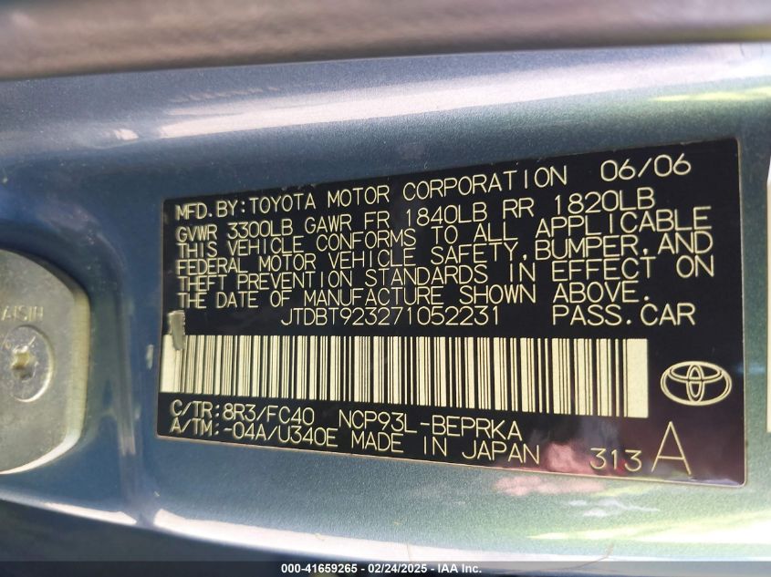 2007 Toyota Yaris VIN: JTDBT923271052231 Lot: 41659265