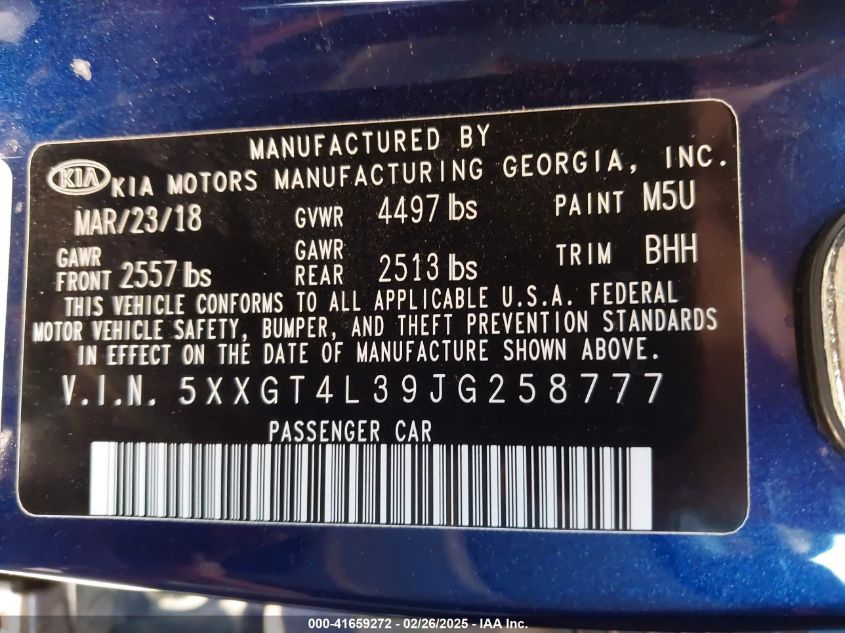 2018 Kia Optima Lx VIN: 5XXGT4L39JG258777 Lot: 43262989