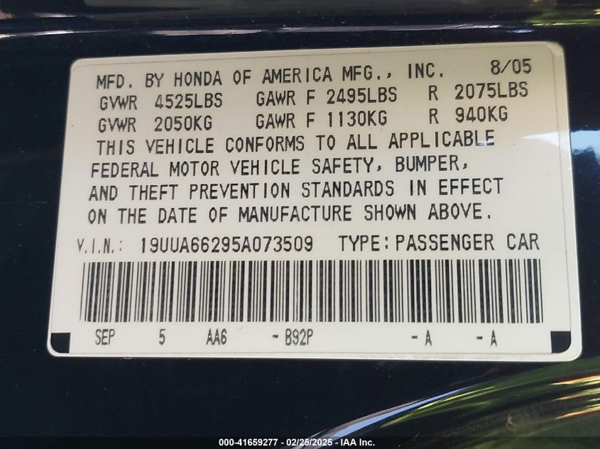 2005 Acura Tl VIN: 19UUA66295A073509 Lot: 41659277