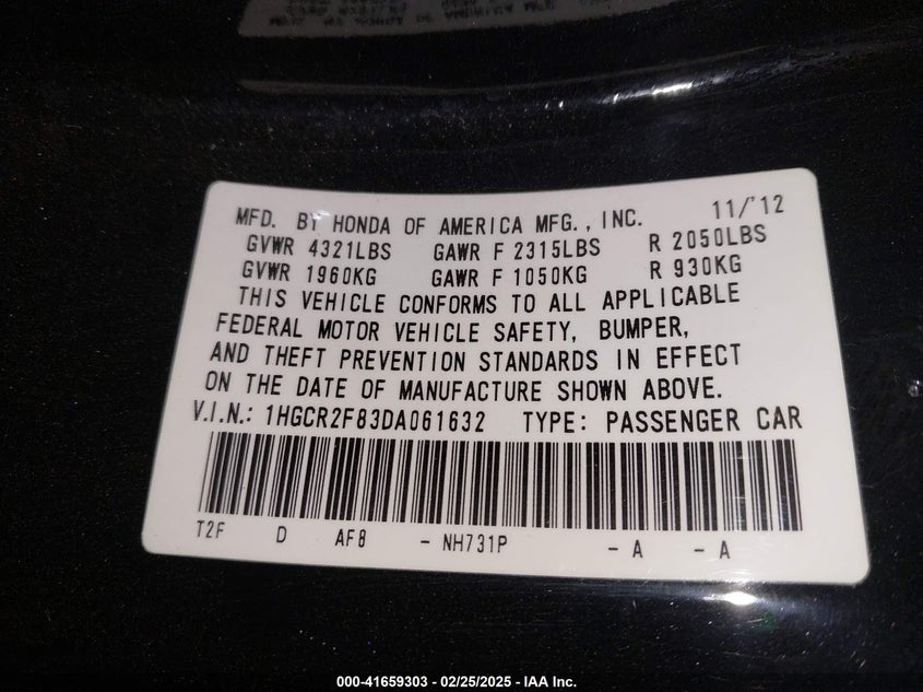 2013 HONDA ACCORD VIN: 1HGCR2F83DA061632