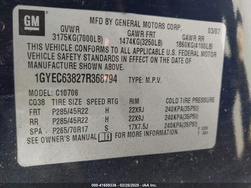 2007 Cadillac Escalade Standard VIN: 1GYEC63827R368794 Lot: 41659336