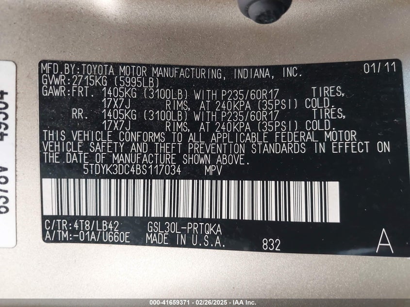 2011 TOYOTA SIENNA VIN: 5TDYK3DC4BS117034