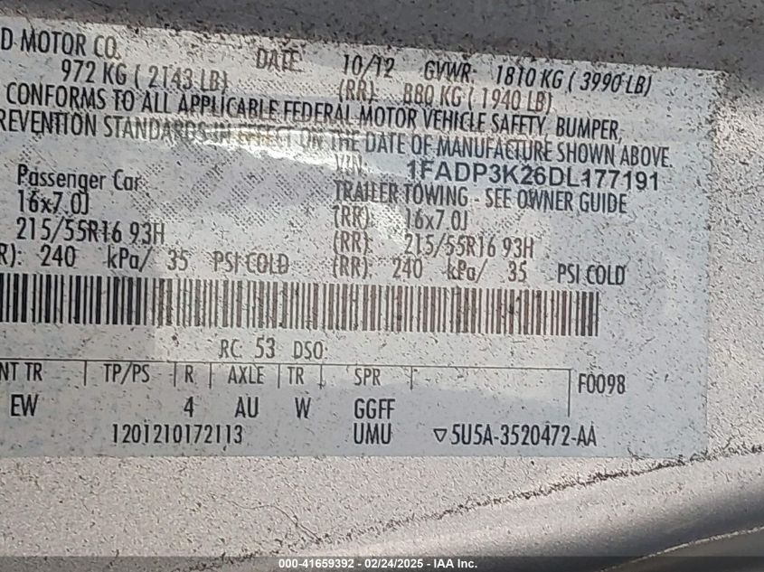 2013 Ford Focus Se VIN: 1FADP3K26DL177191 Lot: 41659392