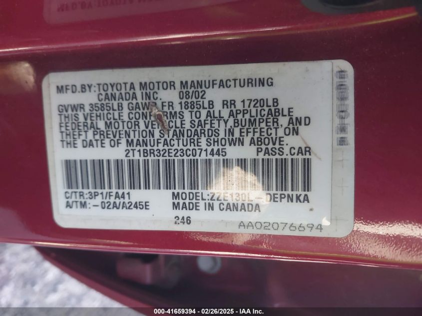 2003 Toyota Corolla Le VIN: 2T1BR32E23C071445 Lot: 41659394