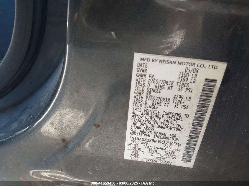 2009 Nissan Armada Se VIN: 5N1BA08DX9N602896 Lot: 41659450