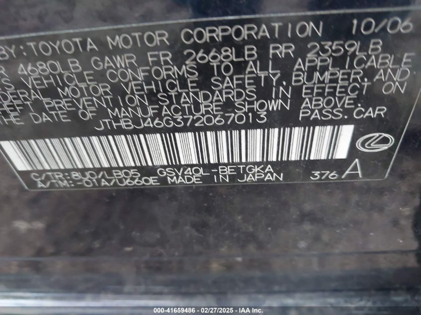 2007 Lexus Es 350 VIN: JTHBJ46G372067013 Lot: 41659486