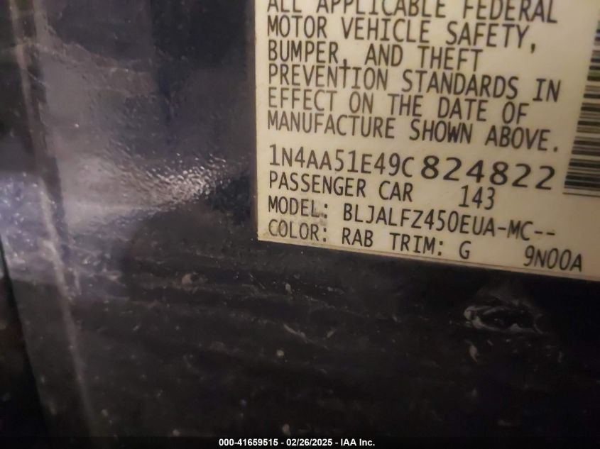 2009 Nissan Maxima 3.5 Sv VIN: 1N4AA51E49C824822 Lot: 41659515