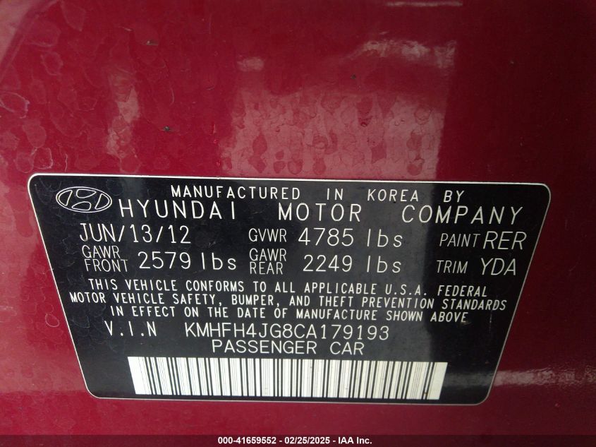 2012 Hyundai Azera VIN: KMHFH4JG8CA179193 Lot: 41659552