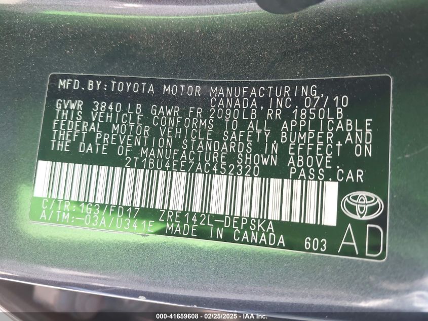 2010 Toyota Corolla S VIN: 2T1BU4EE7AC452320 Lot: 41659608