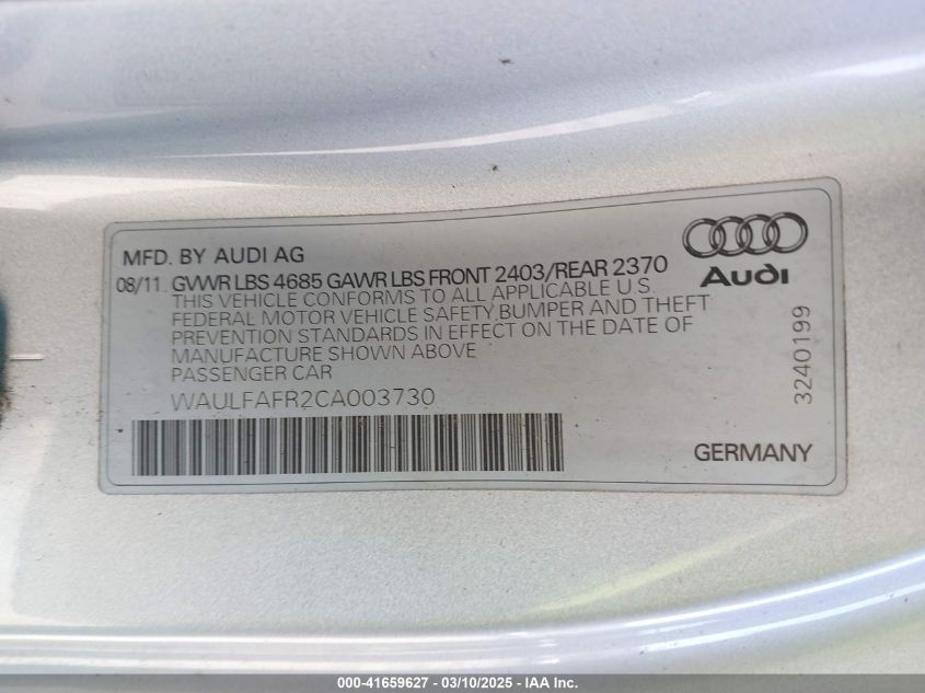 2012 Audi A5 2.0T Premium VIN: WAULFAFR2CA003730 Lot: 41659627