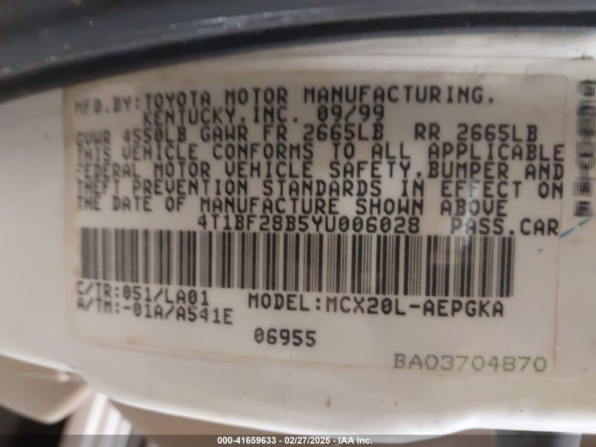 2000 Toyota Avalon Xls VIN: 4T1BF28B5YU006028 Lot: 41659633