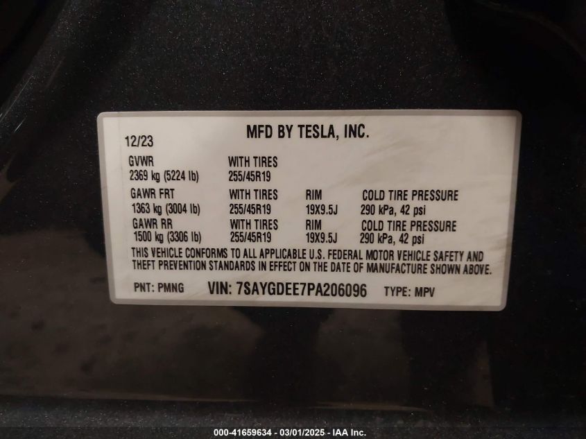2023 Tesla Model Y Awd/Long Range Dual Motor All-Wheel Drive VIN: 7SAYGDEE7PA206096 Lot: 41659634