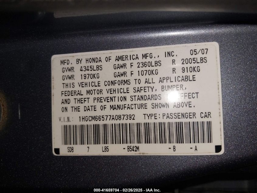 2007 Honda Accord 3.0 Ex VIN: 1HGCM66577A087392 Lot: 41659704
