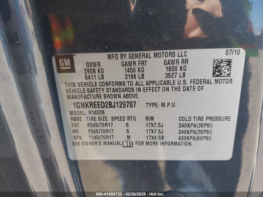 2011 Chevrolet Traverse Ls VIN: 1GNKREED2BJ129787 Lot: 41659732