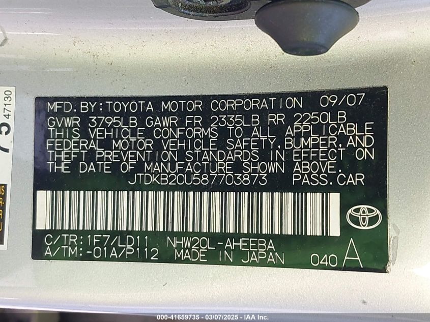 2008 Toyota Prius VIN: JTDKB20U587703873 Lot: 41659735
