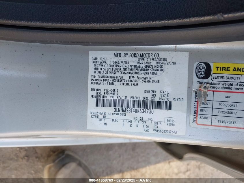 2008 Lincoln Mkz VIN: 3LNHM28T48R634730 Lot: 41659769