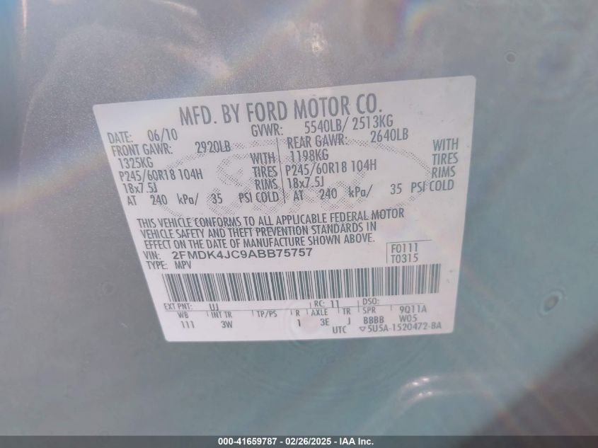 2010 Ford Edge Sel VIN: 2FMDK4JC9ABB75757 Lot: 41659787