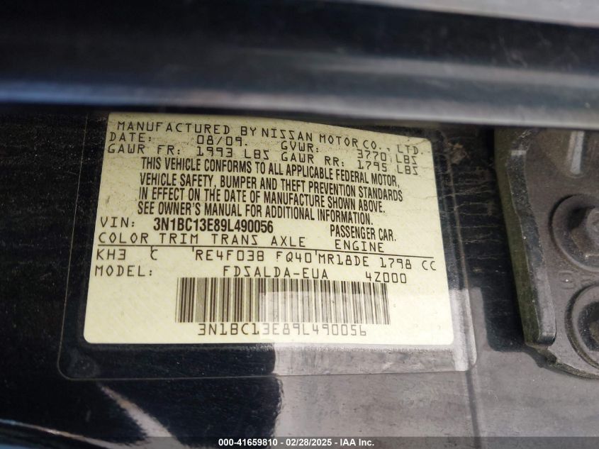2009 Nissan Versa 1.8S VIN: 3N1BC13E89L490056 Lot: 41659810
