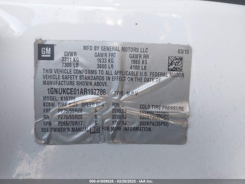 2010 CHEVROLET TAHOE VIN: 1GNUKCE01AR197786