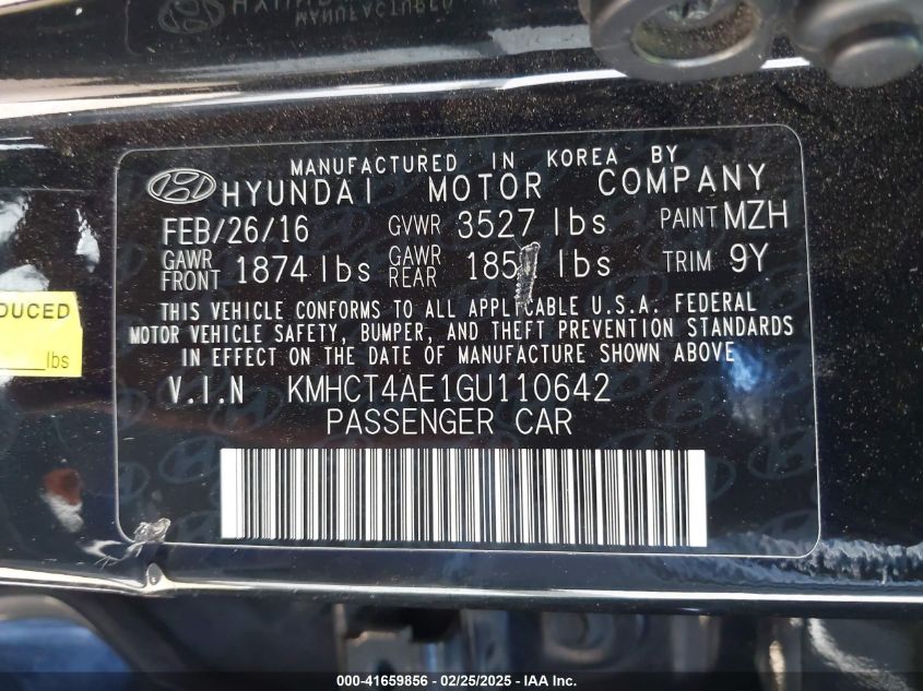 2016 Hyundai Accent Se VIN: KMHCT4AE1GU110642 Lot: 41659856
