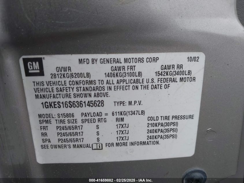 2003 GMC Envoy Xl Sle VIN: 1GKES16S636145628 Lot: 41659882