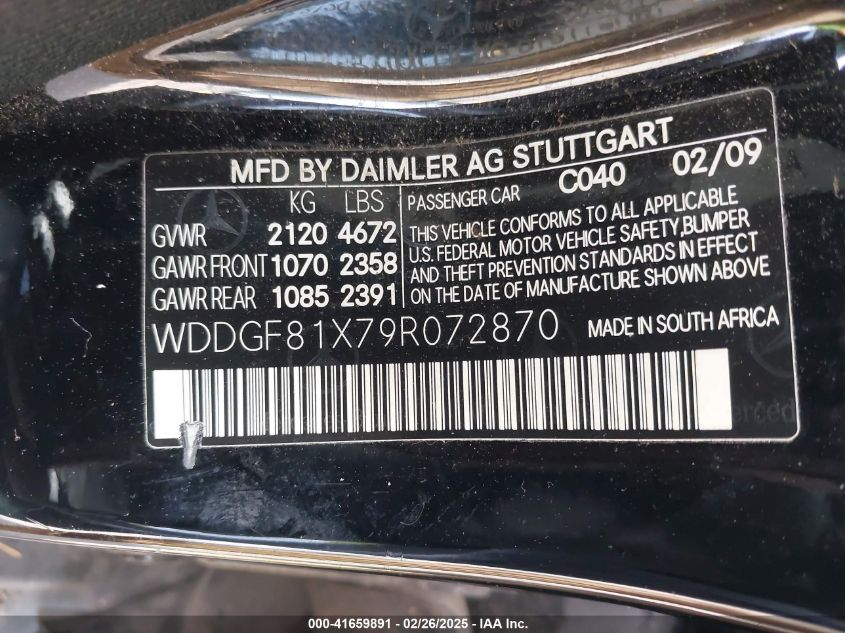 2009 Mercedes-Benz C 300 Luxury 4Matic/Sport 4Matic VIN: WDDGF81X79R072870 Lot: 41659891