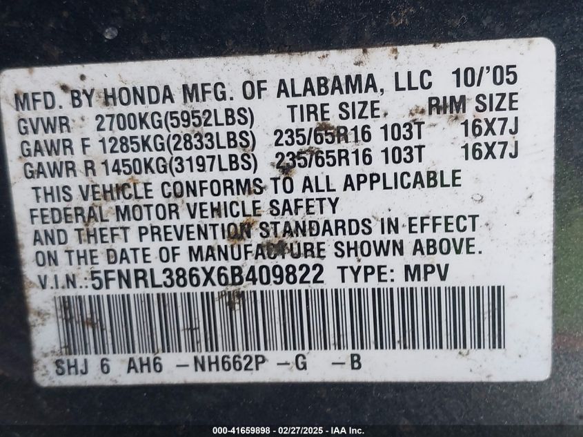 2006 Honda Odyssey Ex-L VIN: 5FNRL386X6B409822 Lot: 41659898