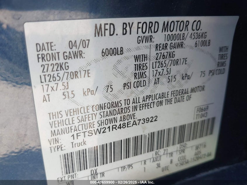 2008 Ford F-250 Fx4/Harley-Davidson/King Ranch/Lariat/Xl/Xlt VIN: 1FTSW21R48EA73922 Lot: 41659900