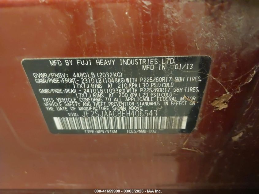 2014 Subaru Forester 2.5I VIN: JF2SJAAC8EH406543 Lot: 41659908