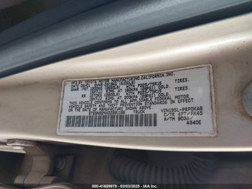 2002 Toyota Tacoma Prerunner V6 VIN: 5TEGN92NX2Z891186 Lot: 41659978