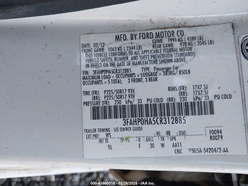 2012 FORD FUSION VIN: 3FAHP0HA5CR312885