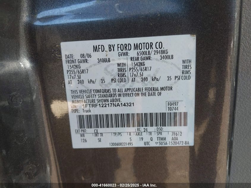 2007 Ford F-150 Stx/Xl/Xlt VIN: 1FTRF12217NA14321 Lot: 41660023