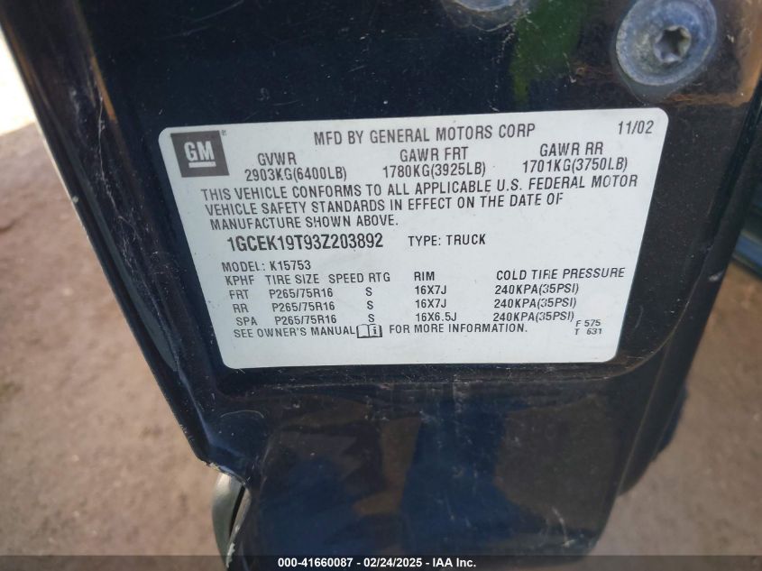 2003 Chevrolet Silverado 1500 Ls VIN: 1GCEK19T93Z203892 Lot: 41660087