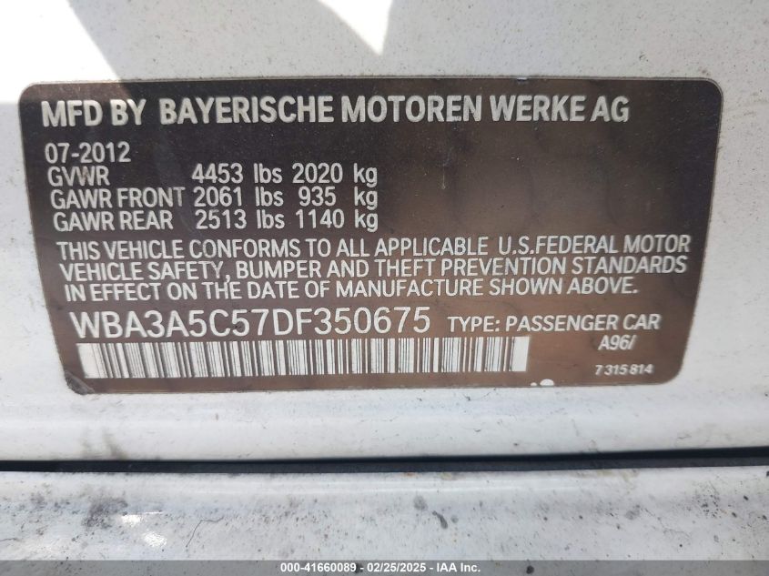 2013 BMW 328I VIN: WBA3A5C57DF350675 Lot: 42301994