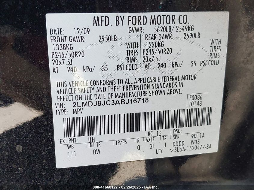 2010 Lincoln Mkx VIN: 2LMDJ8JC3ABJ16718 Lot: 41660127