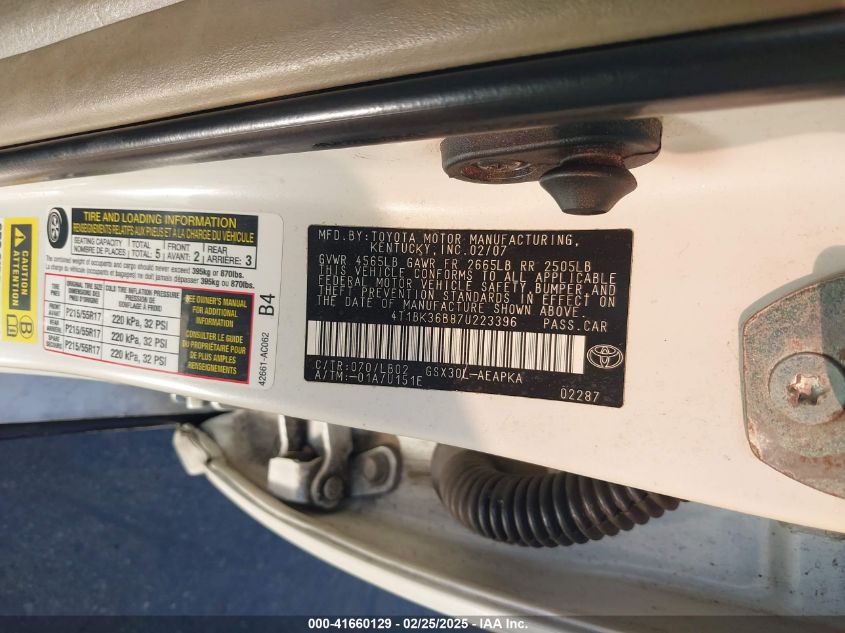 2007 Toyota Avalon Limited VIN: 4T1BK36B87U223396 Lot: 41660129