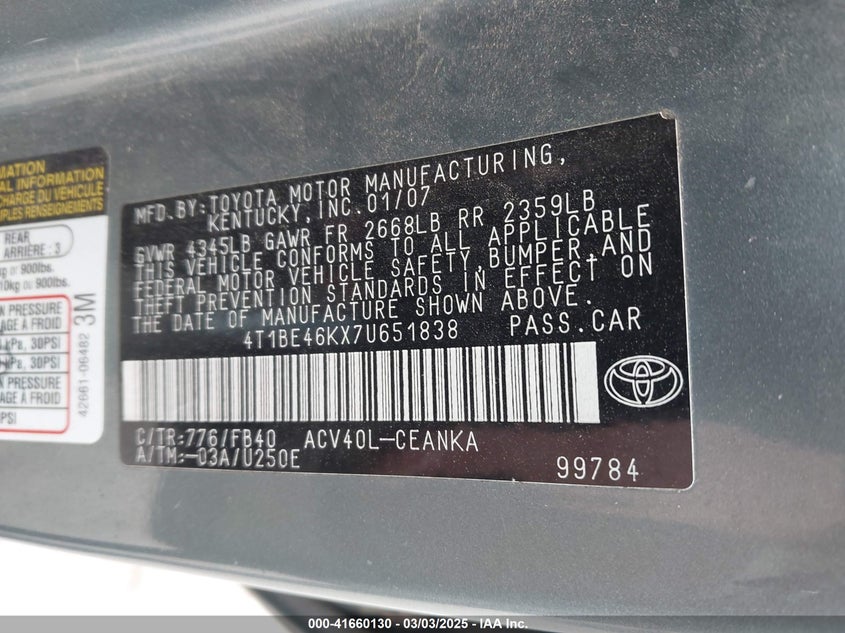 2007 TOYOTA CAMRY VIN: 4T1BE46KX7U651838