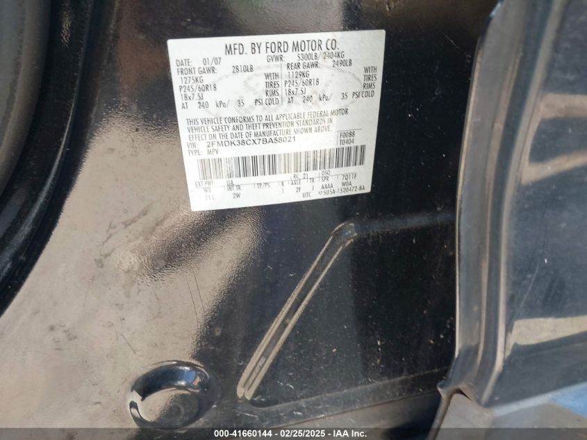 2007 Ford Edge Sel VIN: 2FMDK38CX7BA58021 Lot: 41660144