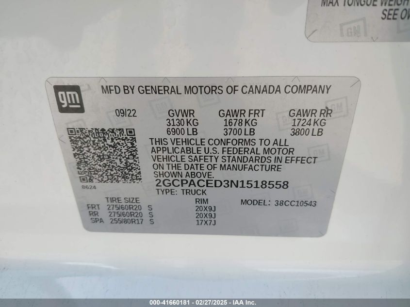 2022 Chevrolet Silverado 1500 2Wd Short Bed Lt VIN: 2GCPACED3N1518558 Lot: 41660181