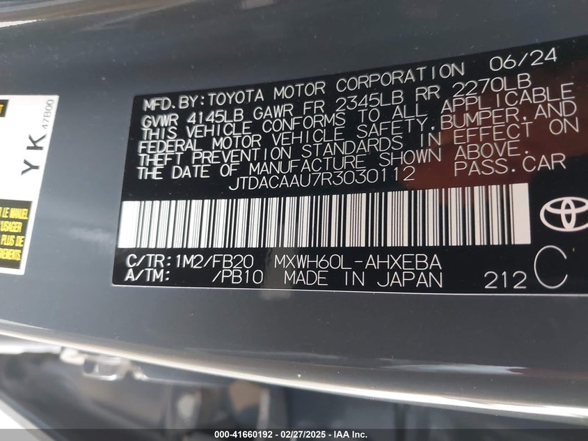 2024 TOYOTA PRIUS VIN: JTDACAAU7R3030112