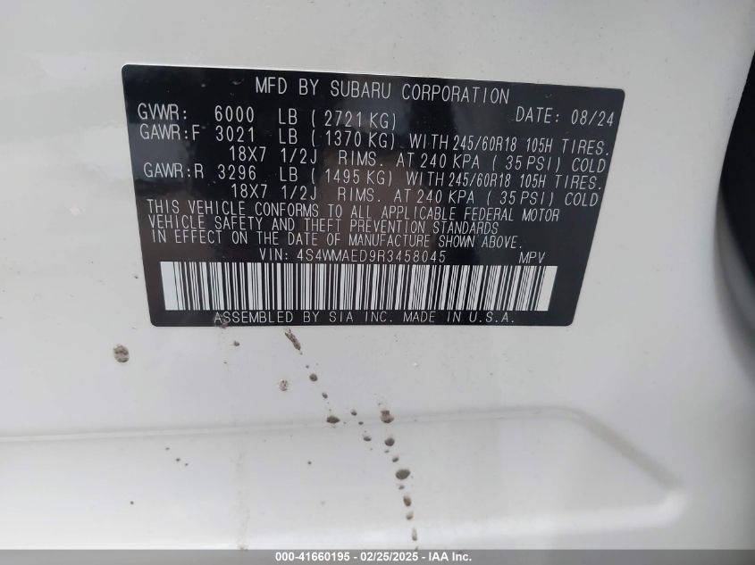 2024 Subaru Ascent Premium 7-Passenger VIN: 4S4WMAED9R3458045 Lot: 41660195