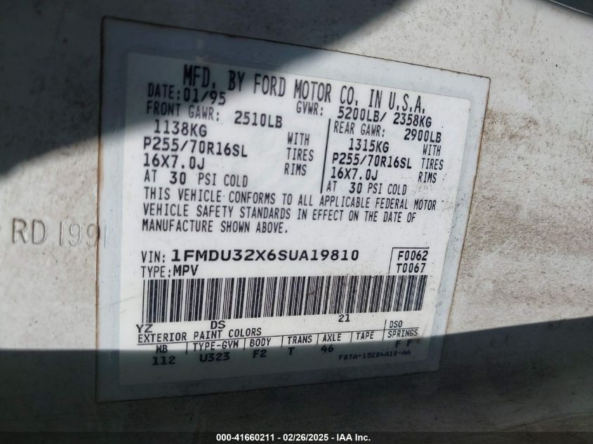 1995 Ford Explorer VIN: 1FMDU32X6SUA19810 Lot: 41660211