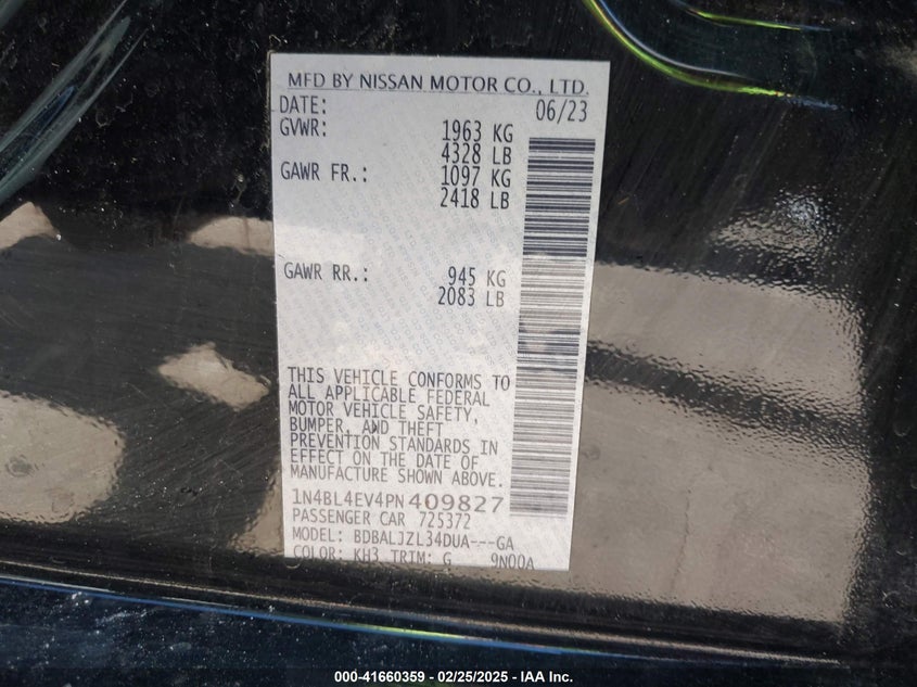 2023 NISSAN ALTIMA VIN: 1N4BL4EV4PN409827
