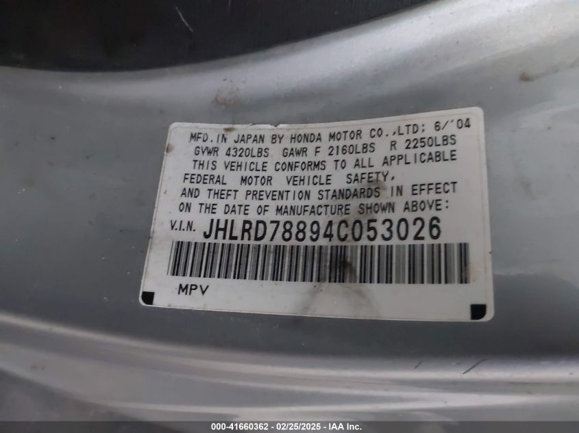 2004 Honda Cr-V Ex VIN: JHLRD78894C053026 Lot: 41660362