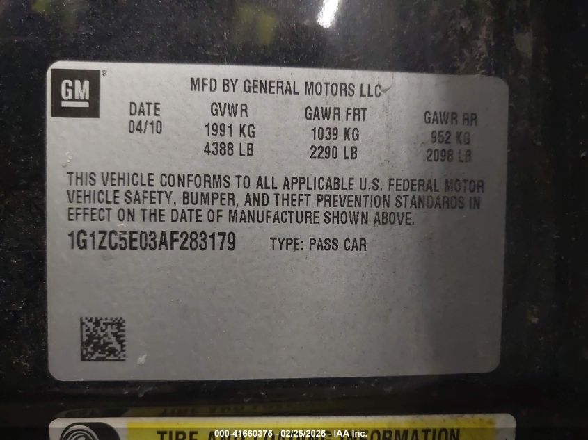 2010 Chevrolet Malibu Lt VIN: 1G1ZC5E03AF283179 Lot: 41660375