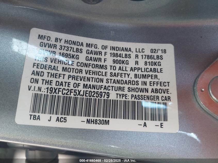 2018 HONDA CIVIC VIN: 19XFC2F5XJE025979