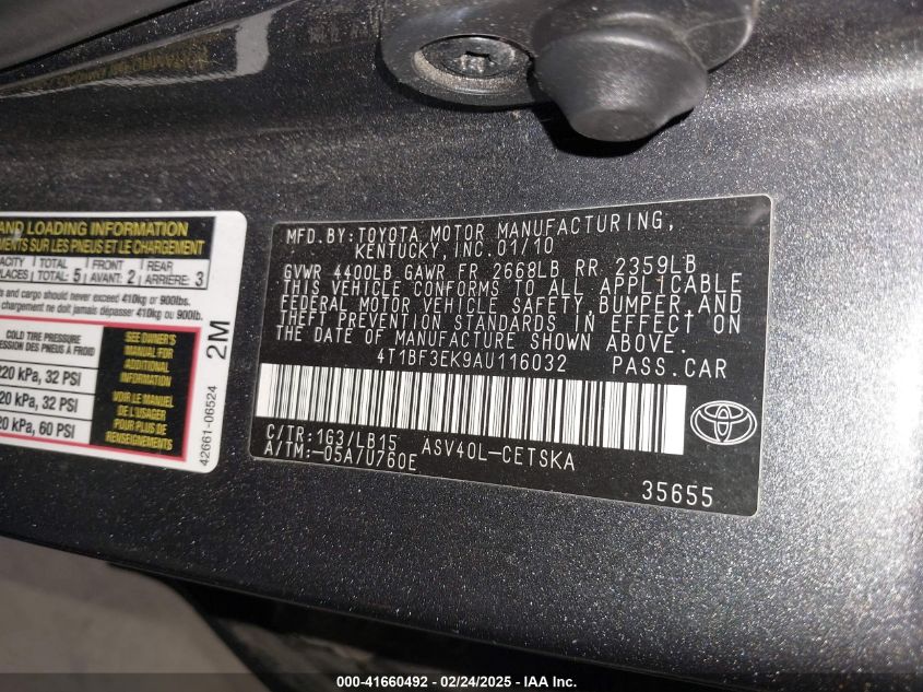 2010 Toyota Camry Se VIN: 4T1BF3EK9AU116032 Lot: 41660492
